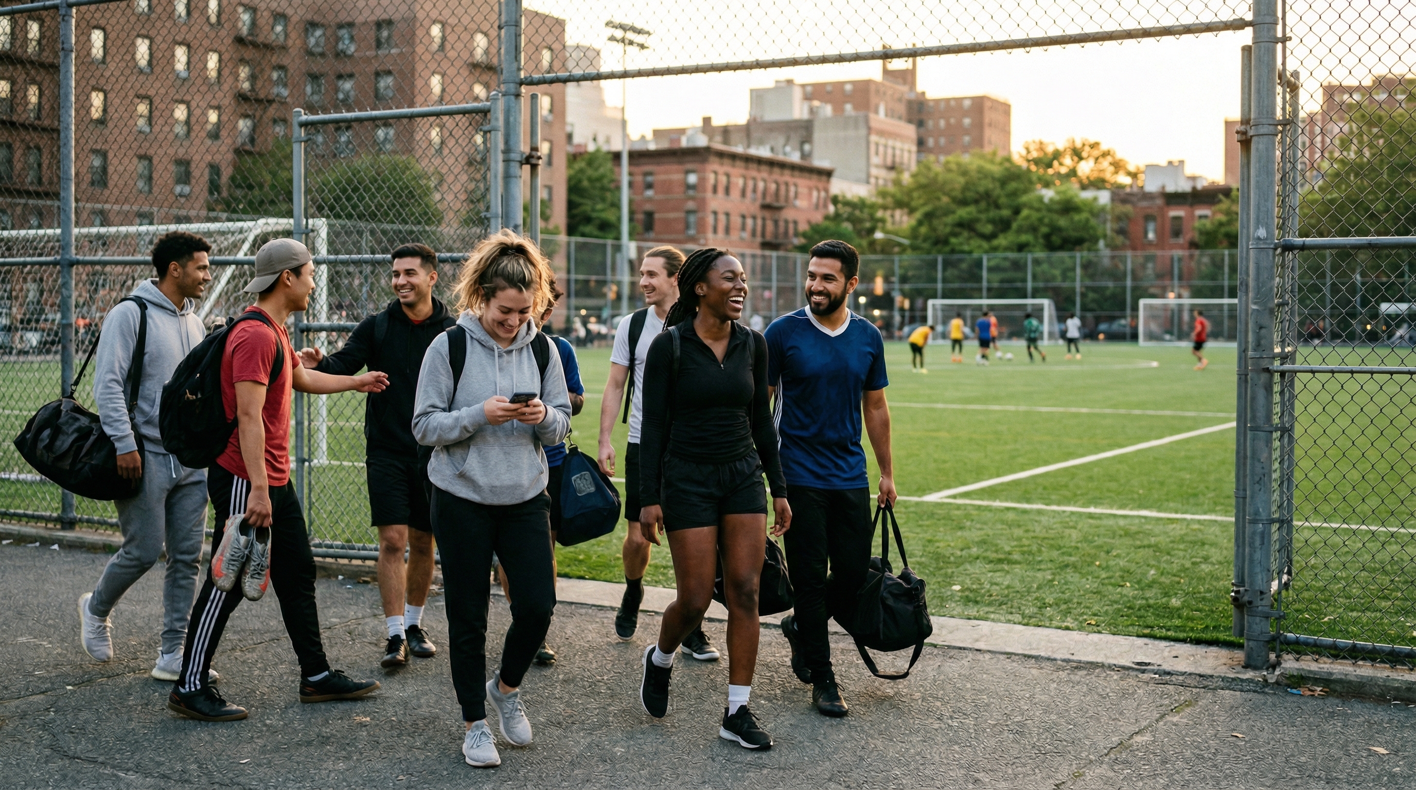 A group of players arriving together at a neighborhood soccer field