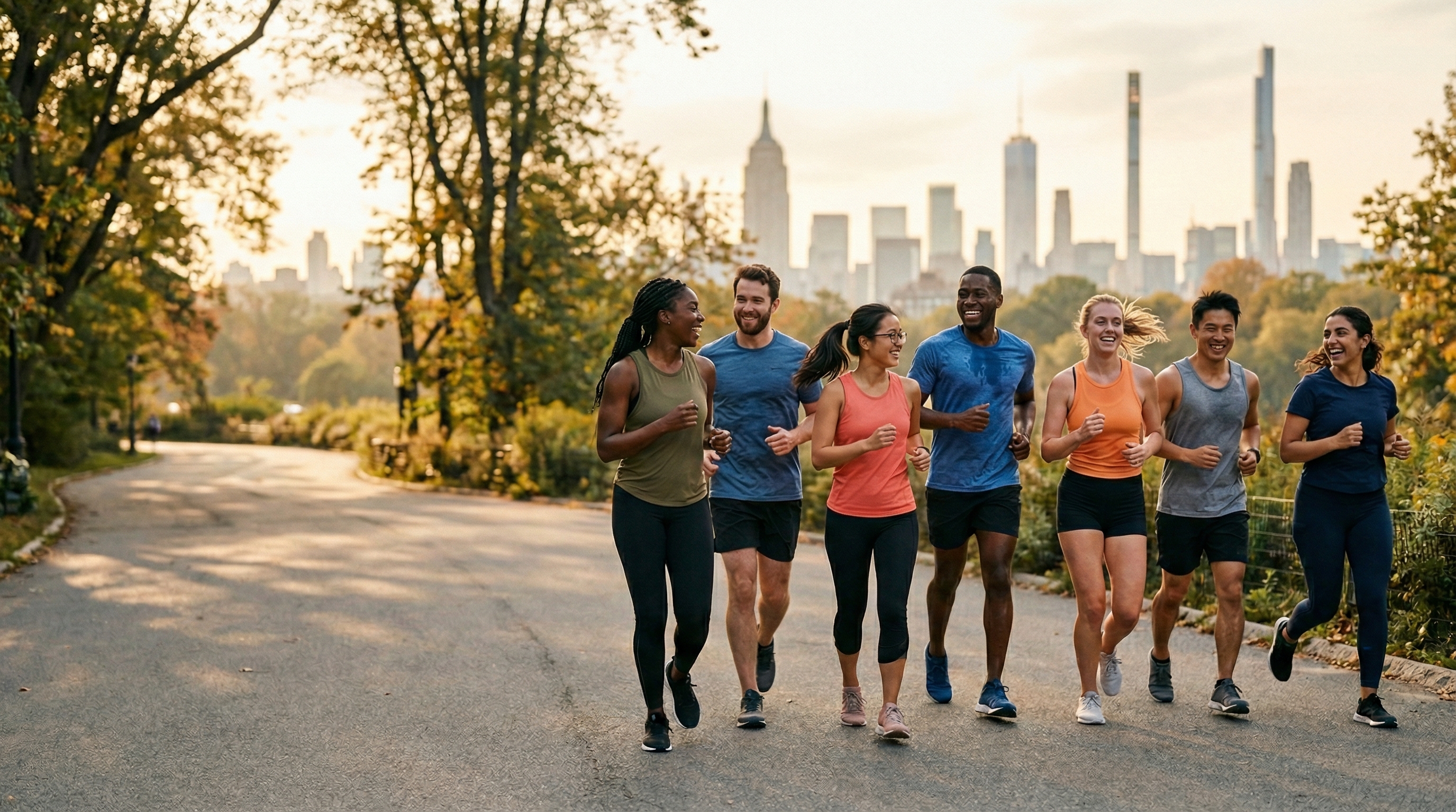 A group of runners smiling together in the city